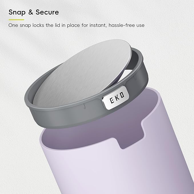 EKO Mini Desk Trash Can with Swing-Top Lid 0.4 Gallon Small Table Round Wastebasket for Office, Home, Car (Lavender)
