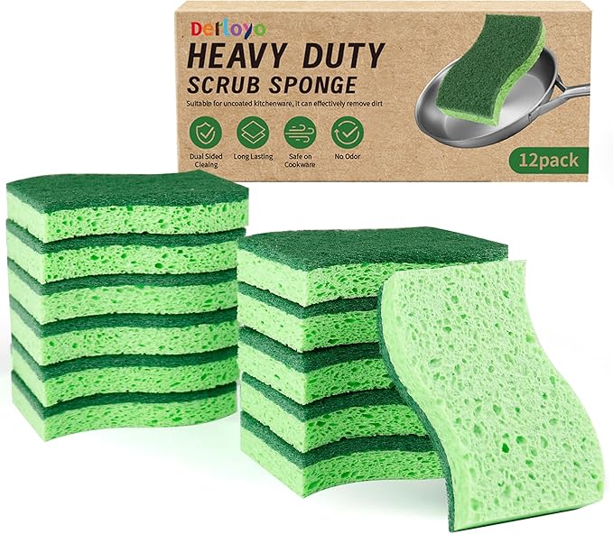 12 Count Heavy Duty Scrub Sponges,Long Lasting Cleaning Sponges for Cleaning Kitchen and Household, Dishes,Dual Sided Kitchen Sponges for Non-Coated Cookware-Green