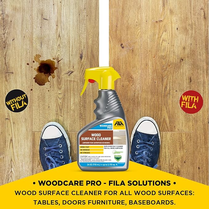 FILA Surface Care Solutions WOODCARE PRO Surfaces, Suitable Floor Spray, Furniture Cleaner, Dries Fast, Does not Damage Wood Kitchen, No Color, 24 Fl Oz
