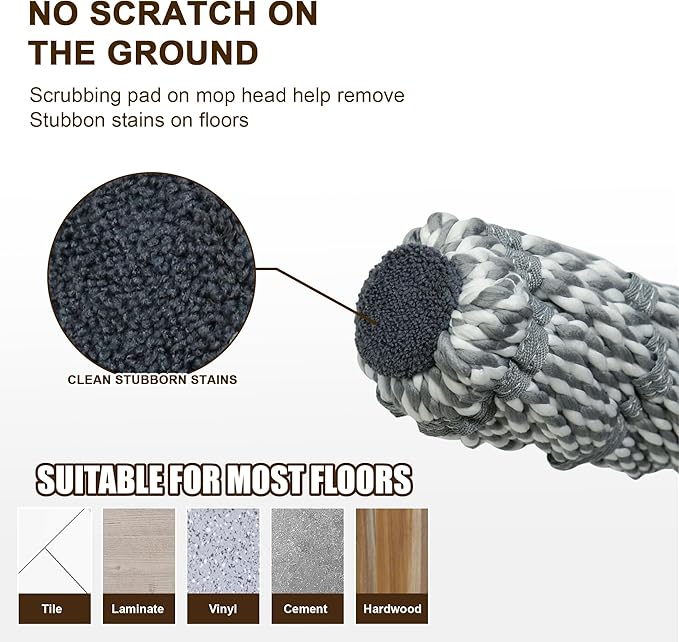 Self Wringing Mop Floor Cleaning, Easy Squeeze Twist Mop, Heavy Duty Wet Mops for Cleaning Hardwood Tile Vinyl Laminate Floors (Gray- 2 Head)