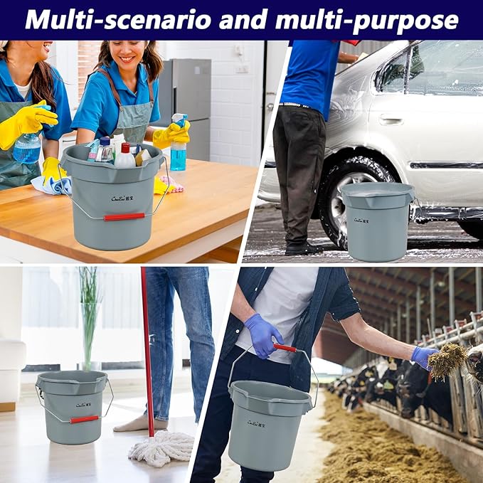 3.5 Gallon Industrial Bucket, Built-in Spout w/Handle, Heavy-Duty Plastic Cleaning Bucket, 6 Pack (Gray)