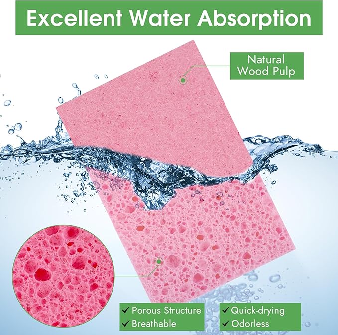 12 PCS Dish Sponges Kitchen, Non Scratch Cleaning Sponge for Non Stick Cookware, Natural Compressed Cellulose Wash Scrub for Household Bathroom, Soft Washing Scrubbers (Multicolor)