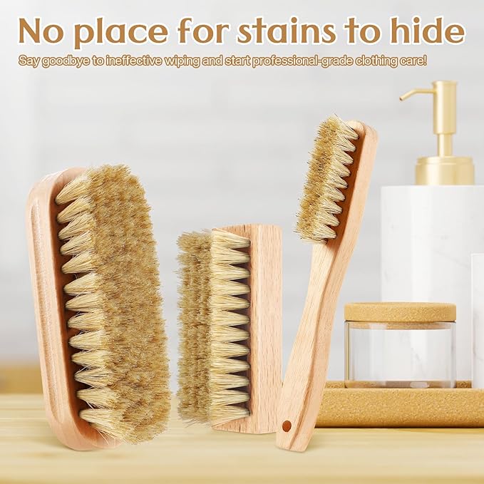 3 Pcs Wood Laundry Stain Brush Stain Remover Brushes with Boar Bristle Small Stain Brush for Clothes for Scrubbing Stains from Furniture Fabric Leather(3 Pcs E)
