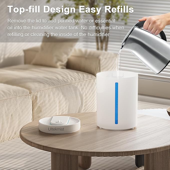 Humidifiers for Bedroom, 2 in 1 Cool Mist Humidifiers for Home, Large Room, Baby Nursery and Plants, 4L Top Fill Cool Mist Humidifier with Oil Diffuser, Nightlight, 31H Runtime, 30db (White)