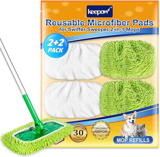 KEEPOW Reusable Dry Sweeping/Wet Mopping Cloths Compatible with Swiffer Sweeper, Washable Microfiber Mop Pads Refills for Hard-Surface/Hardwood Floor Cleaning, 4-Pack (Mop is Not Included)