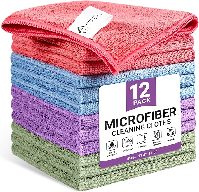 Microfiber Cleaning Cloth, 12 Pack Assorted Color Cleaning Rags for Housekeeping, Colorful Reusable Microfiber Towels for Car, Kitchen, Bathroom and Household Cleaning Supplies, 11.8"X11.8"