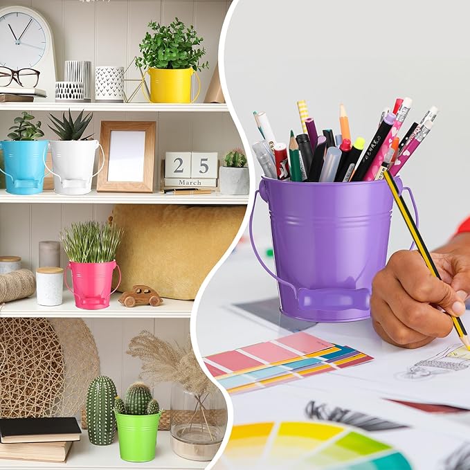 Therwen 24 Pieces Small Metal Buckets Colored Galvanized Bucket Round Metal Pail for Kids Classroom Candy Crafts,Utensils, Vase Party Favor(Wood Handle,4.13 Inch)