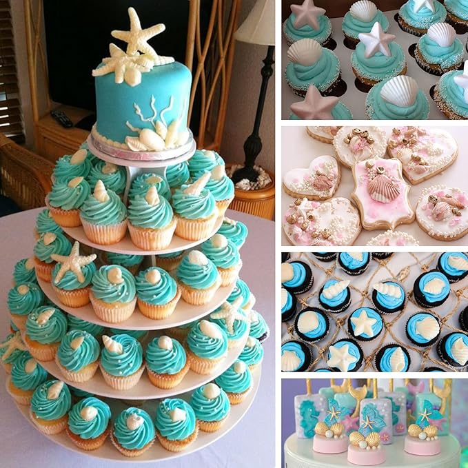 Sakolla Marine Theme Fondant Molds, 4 PCS Seashell Conch Starfish Baking Silicone Molds for Cake Decoration Chocolate Soap Crafting
