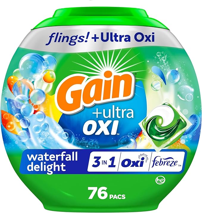 Gain flings Ultra Oxi Laundry Detergent Pacs 3-in-1 HE Compatible, Waterfall Delight Scent, 76 Count