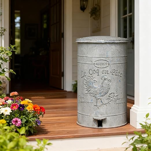 Farmhouse Metal Trash Can with Lid Retro Step Pedal Garbage Cans Vintage Round Step-On Waste Container with Removable Inner Bucket for Kitchen Bathroom Bedroom Toilet Office Garden Outdoor 15 Liter