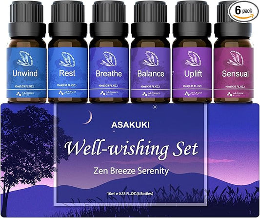 ASAKUKI Essential Oils, Essential Oil Blends Set for Diffusers, Humidifiers, Candle Making, Aromatherapy-Breathe, Uplift, Sensual, Rest, Unwind, Balance, 6 * 10ml
