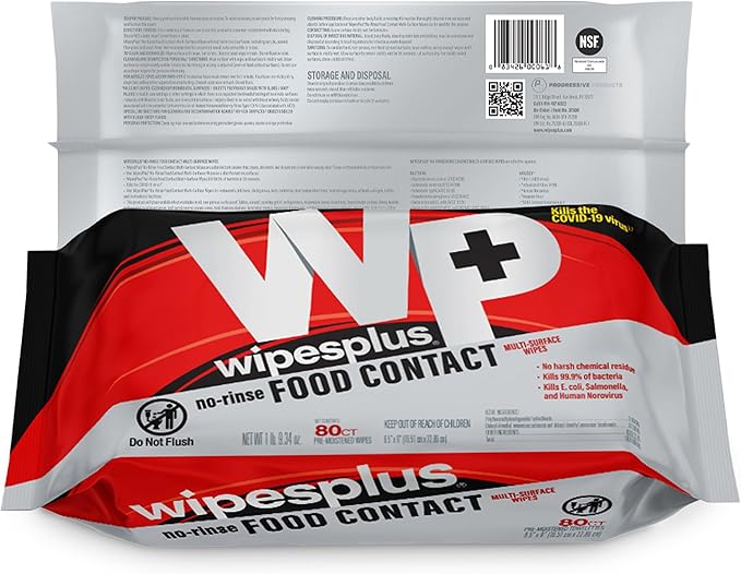 WIPESPLUS No-Rinse Food Contact Wipes, Multi-Surface Wipe, Unscented for Home and Business, 960 Count, (12 Packs of 80)