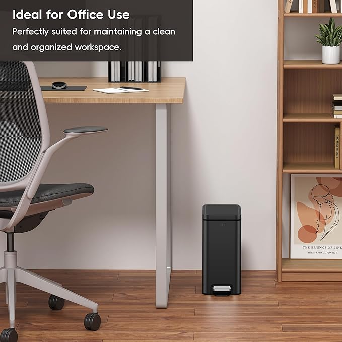 EKO Small Bathroom Trash Can with Lid Soft Close, Step Pedal, 6 Liter / 1.6 Gallon Stainless Steel Garbage Can with Removable Inner Bucket, Anti-Fingerprint Finish (Matte Black)