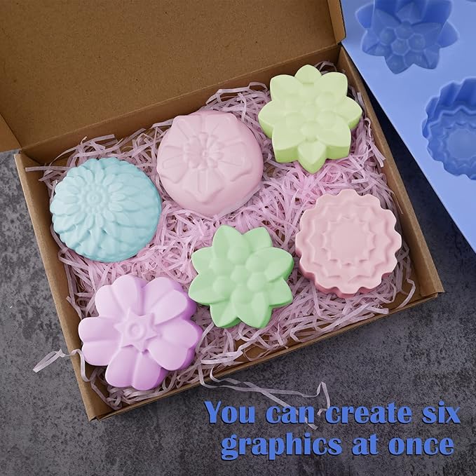 Sakolla 2 Pack Silicone Soap Molds, 6 Cavities Different Flower Shapes Silicone Mold, Perfect Making for Soap, Lotion Bar, Bath Bombs (Pink + Blue)