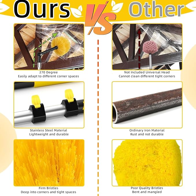 5-to-12 Foot Cobweb Duster with Extension Pole, 20 Ft High Reach and 2 Replaceble Spider Web Brush Heads, Heavy Duty for Indoor & Outdoor Use