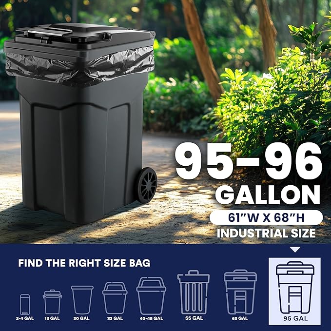 Plasticplace 95-96 Gallon Heavy Duty Black Trash Bags - Contractor Grade, Extra Large Garbage Bags for Construction & Outdoor Trash Cans, 1.2 Mil Thick, 61” x 68” (15 Count Roll)