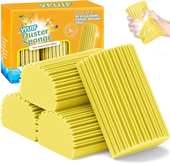 4 Pack Damp Clean Duster Sponge, Magic Sponge Eraser for Household Cleaning, Reusable Dusters Cleaning Supplies for Housekeeping, Dish, Blinds, Glass, Baseboards,Window Track Grooves and Faucets