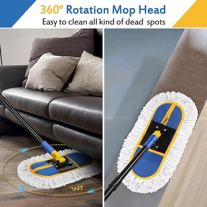 16 Inch Commercial Dust Mop for Floor Cleaning - Industrial Wet Dry Broom with 2 Washable Mops Pads for Hardwood Vinyl Laminate Floors Warehouse Courtyard Cleaning,Blue