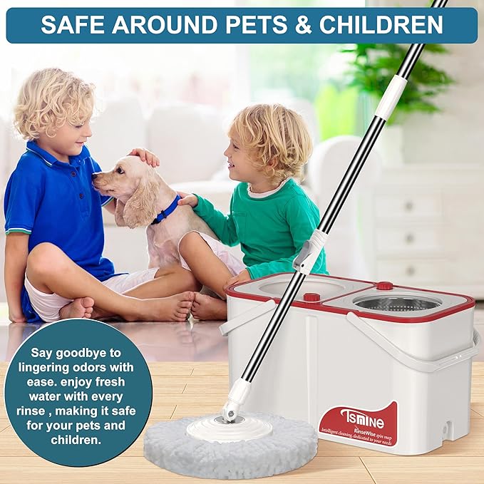 Spin Mop and Bucket,Mop Bucket with Separates Dirty and Clean Water,4-Chamber Mop and Bucket with Wringer Set for Home,Household Cleaning Tools with 6 Replacement Mop Heads,4X Wheel -White