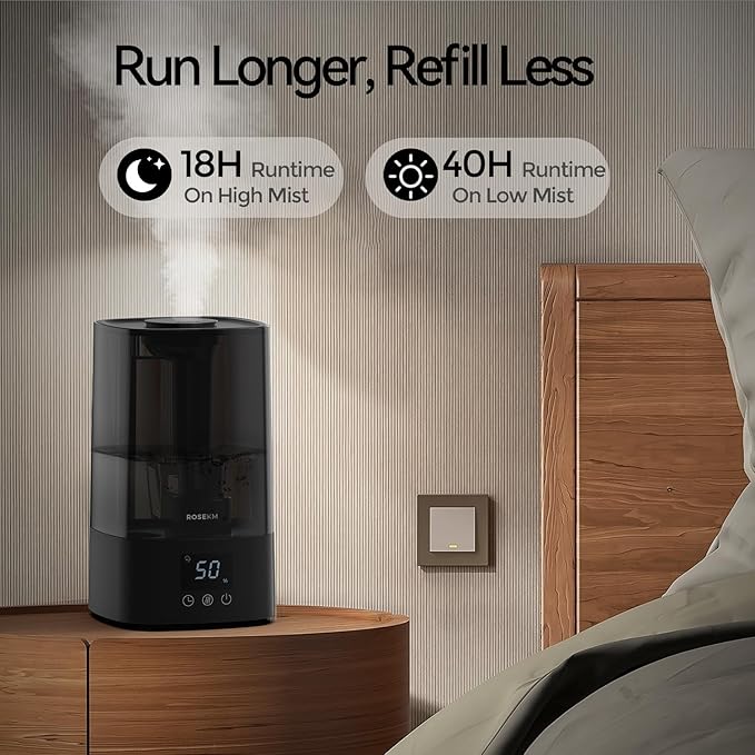 Automatic Humidifiers for Bedroom Large Room, 4.5L Cool Mist Humidifier for Home & Plant with Timer & Humidity Sensor, Last Up to 18H on High Setting, Auto Shut-Off, 360° Nozzle (Black)