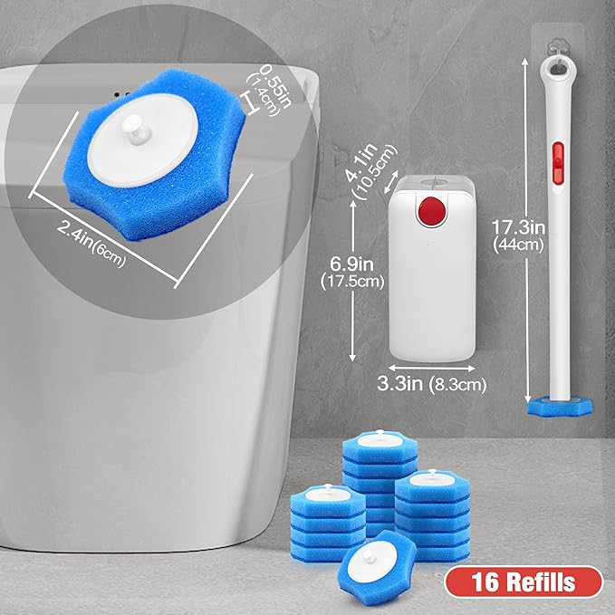 JEHONN Disposable Toilet Bowl Cleaner Wand with Upgraded Clamping System, Wall Mounted Bathroom Scrubber Brush for Bathtub Sink Wash Basin, 16 Refills