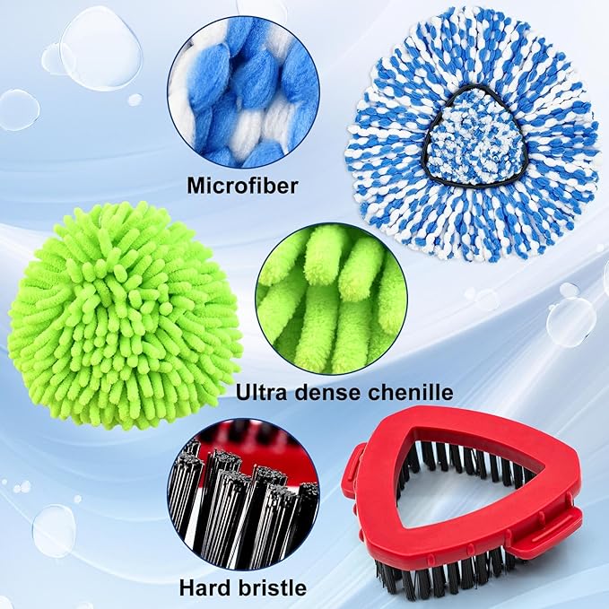 Mop Heads for O Cedar RinseClean 2 Tank Spin Mop System, 3 Microfiber Mop Head Refills and 3 Chenille Mop Pads,1 Scrub Brush, and 1 Mop Base with Mop Handle Set Combo