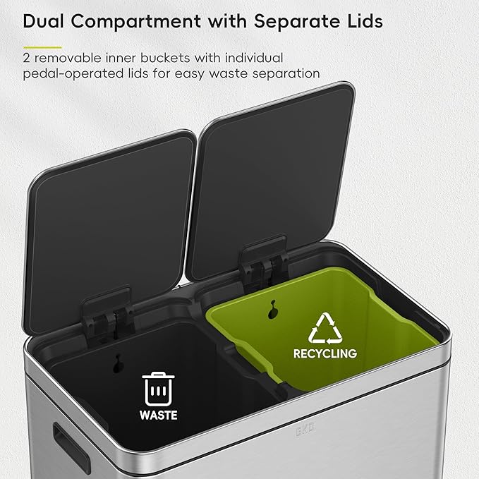 EKO Edison Dual Trash Can for Recycling and Trash, 8+8 Gallons Kitchen Garbage Can with Dual Removable Inner Liners, Independent Lids and Pedals, Matte Stainless Steel
