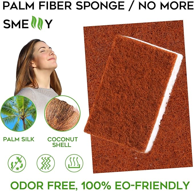 Natural Plant Based Scrub Sponge 12 Pack, Palm Fiber Scrubbing Sponge with Non Scratch Biodegradable Compostable Sponges,Long Lasting No Smell Dishwashing Kitchen Scrubber