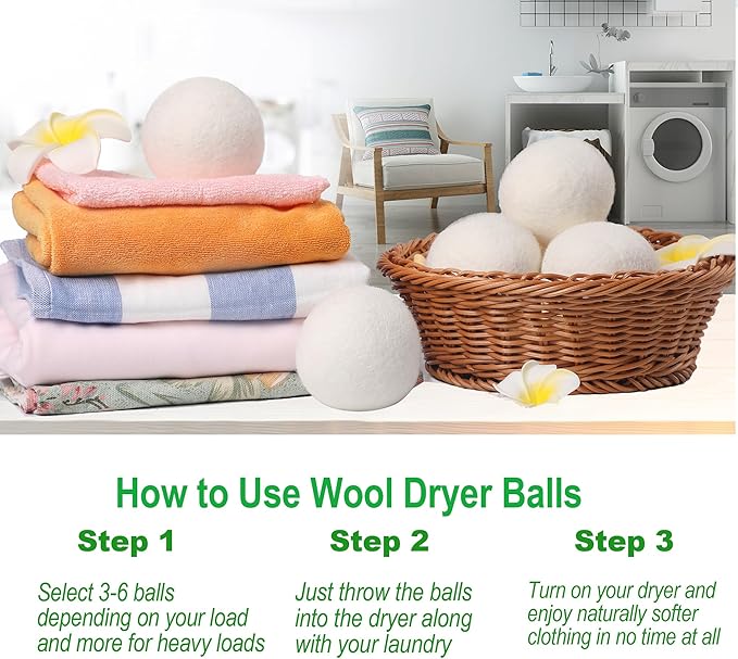 Wool Dryer Balls, Full-Size(Dia.~2.76 in), Reduces Drying Time, Reusable and Chemical-Free, Natural Fabric Softener, Sustainable Laundry Solution (6-Pack)