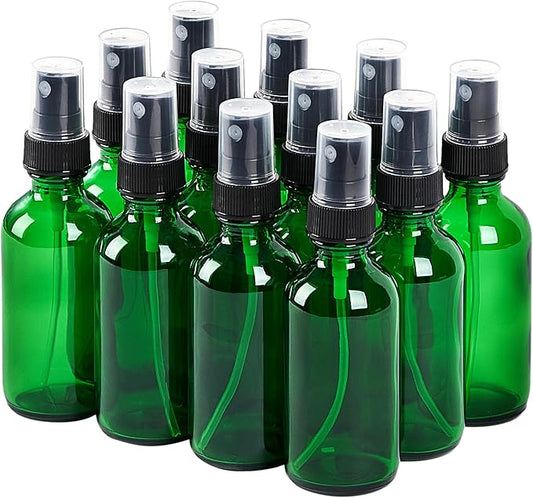 2 oz Glass Spray Bottles, Reusable Fine Mist Sprayer Small Spray Bottle, Leak-Proof Design, Perfect for Travel, Skin Care, Perfumes, Botanical, Cleansing (Green, 2oz-12pcs)