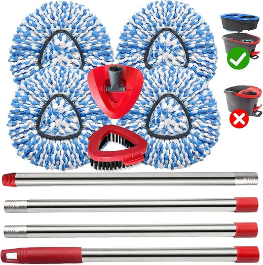 Spin Mop Replace Heads for O Cedar Rinse Clean 2 Tank System, Spin Mop Replacement Head 4 Microfiber Mop Refills, 1 Triangle Head Cover and 30-58in Handle 1 1Scrub Brush