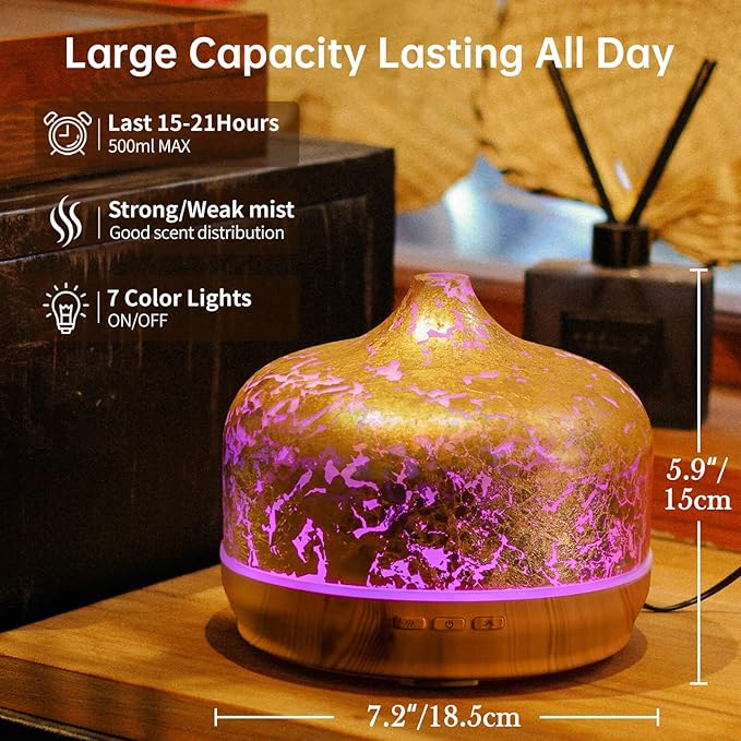 Porseme 500ml Essential Oil Diffuser Gold Plated Glass Aromatherapy Ultrasonic Humidifier - Auto Shut-Off, Timer Setting, BPA Free for Home Hotel Yoga SPA Gift