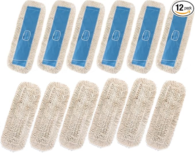 Matthew Cleaning 24'' Industrial Strength Cotton Dust Mop Refill Washable Replacement Heads for Residential & Commercial Use Fit Standard Dust Mop Frames, Hardwood,Concrete Floors Blue&White 12 Pack