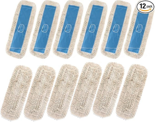 Matthew Cleaning 24'' Industrial Strength Cotton Dust Mop Refill Washable Replacement Heads for Residential & Commercial Use Fit Standard Dust Mop Frames, Hardwood,Concrete Floors Blue&White 12 Pack