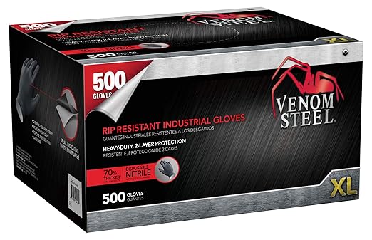 Venom Steel VEN6544 Nitrile Gloves, Rip Resistant Disposable Latex Free Black Gloves, 2 Layer Gloves, 6 mil Thick, X-Large (Pack of 500)