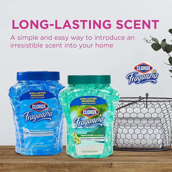 Clorox Fraganzia Crystal Beads Air Freshener in Island Orchid Scent - Long-Lasting Room Deodorizer - Odor Eliminator Gel Beads to Freshen Home, Car, or Office, 12 Fl Oz - 12 Pack