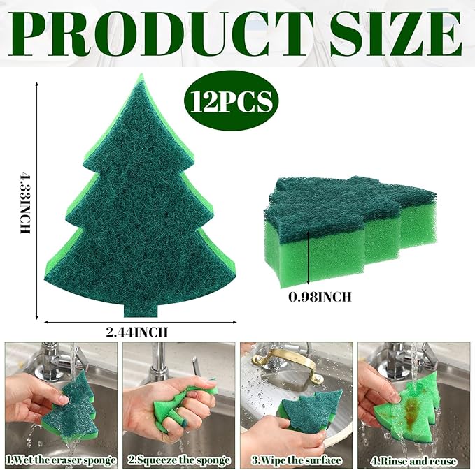 Tioncy 12 Pack Christmas Tree Kitchen Sponges Bulk Dual Sided Scrubber Sponges Dishwashing Non Scratch for Kitchen Accessories Dish Scouring, Green