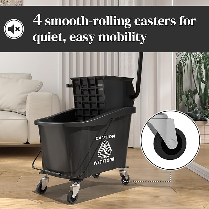 HOMCOM Mop Bucket with Wringer on Wheels for Floor Cleaning, 38 Quart Down Press Wringer with Handle and Mop, Black