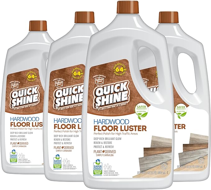 Quick Shine Hardwood Floor Luster-Polish 64oz-4pk | Plant-Derived w/Carnauba | Safer Choice, No PFAS, pH Neutral | Ready to Use Formula w/Anti-Slip Technology | Simply Squirt & Spread | Made in USA
