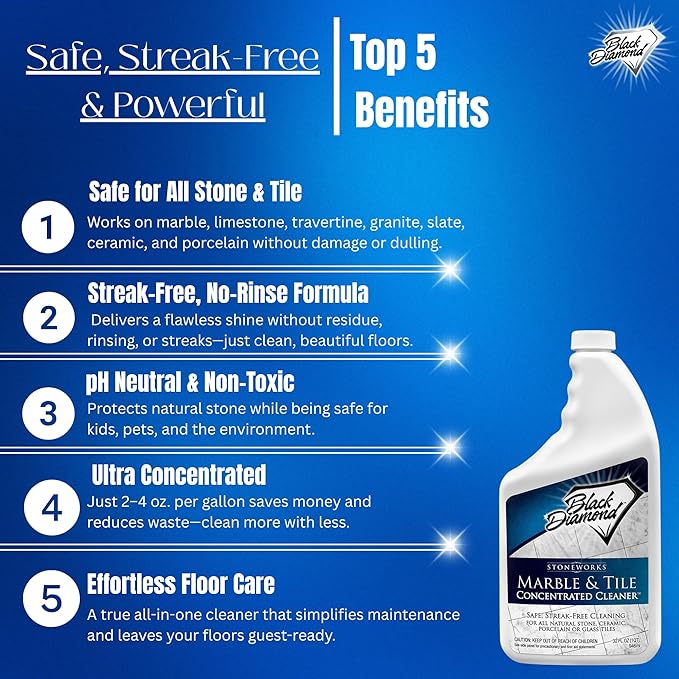 MARBLE & TILE FLOOR CLEANER. Great for Ceramic, Porcelain, Granite, Natural Stone, Vinyl and Brick. No-rinse Concentrate. (1-Quart)