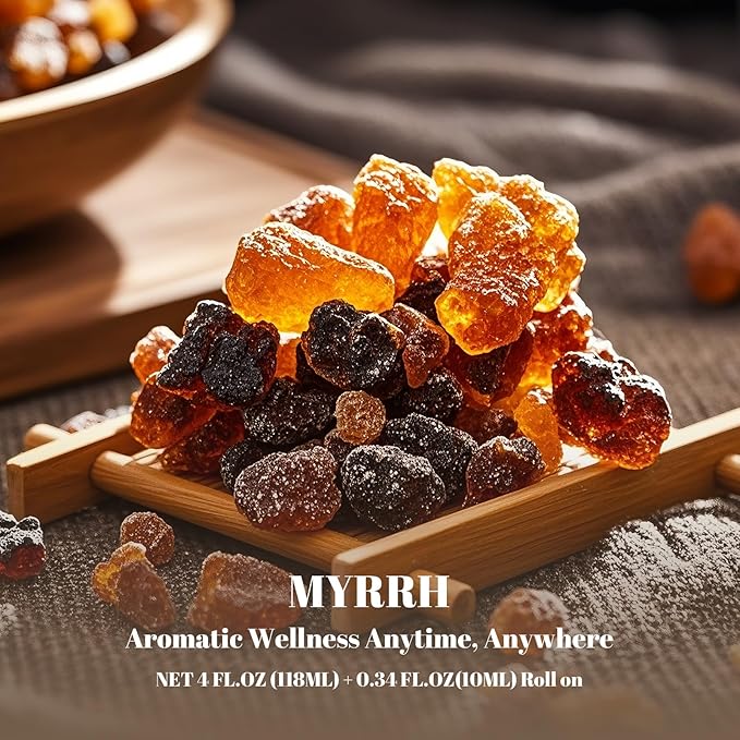 Myrrh Essential Oil (4 fl.oz Bottle + 0.34 fl.oz Roll-On) — Myrrh Oils for Aromatherapy, Diffusers, Humidifiers, Home fragrances, DIY Skincare, Candle, Soap Making, Relaxation, Yoga