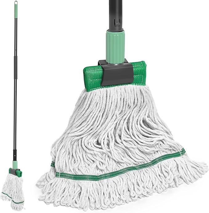Heavy Duty Mop for Floor Cleaning, Industrial Commercial Mop with 57.5 Inches Long Handle,Looped-End String Wet Cotton Mops for Garage, Warehouse, Workshop