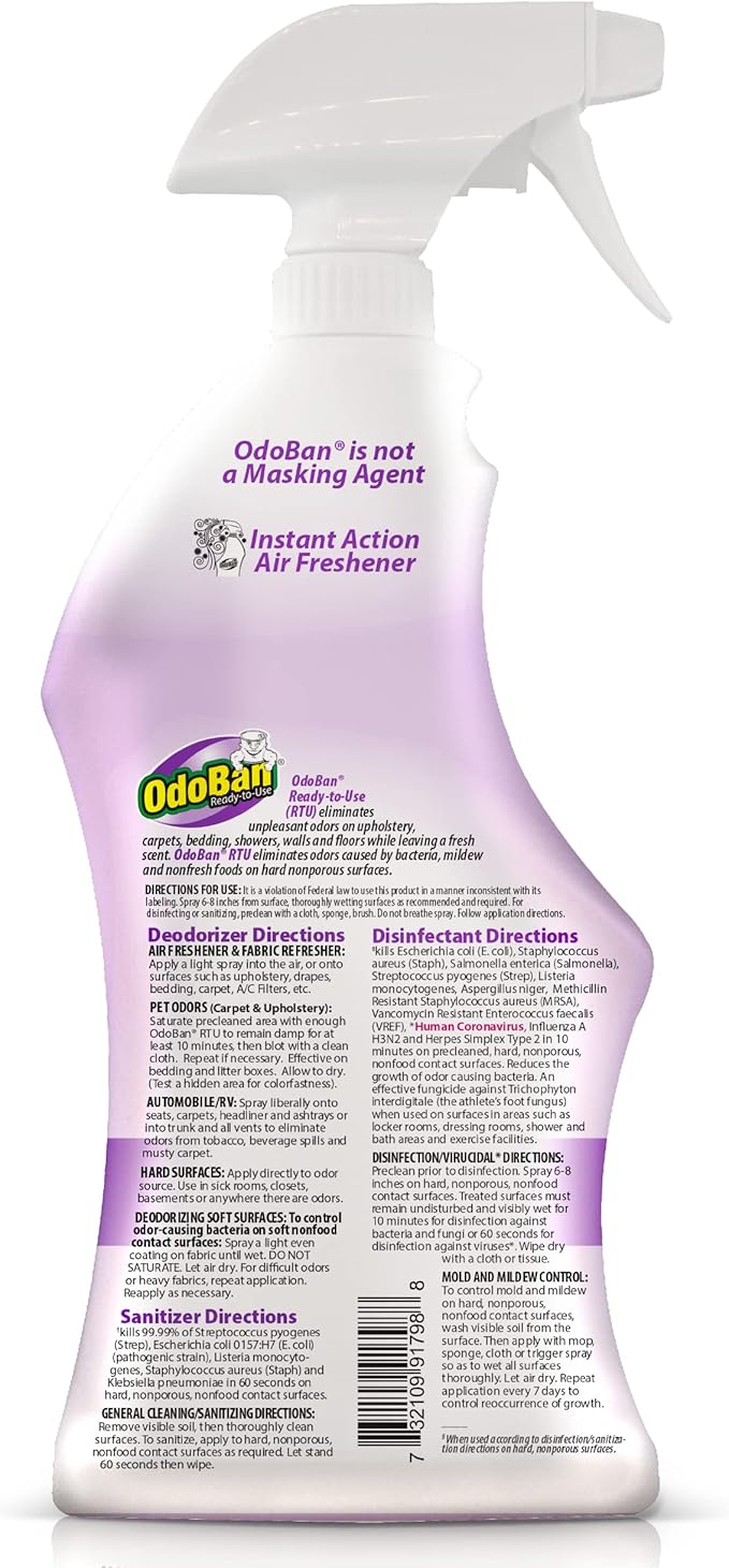 OdoBan Ready-to-Use Disinfectant and Odor Eliminator, Set of 4 Spray Bottles, 32 Ounces Each, Lavender Scent