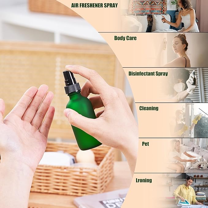 2 oz Glass Spray Bottles, Reusable Fine Mist Sprayer Small Spray Bottle, Preety Frosted Texture, Leak-Proof Design, Perfect for Travel, Skin Care, Perfumes (Green-Frosted, 2oz-12pcs)