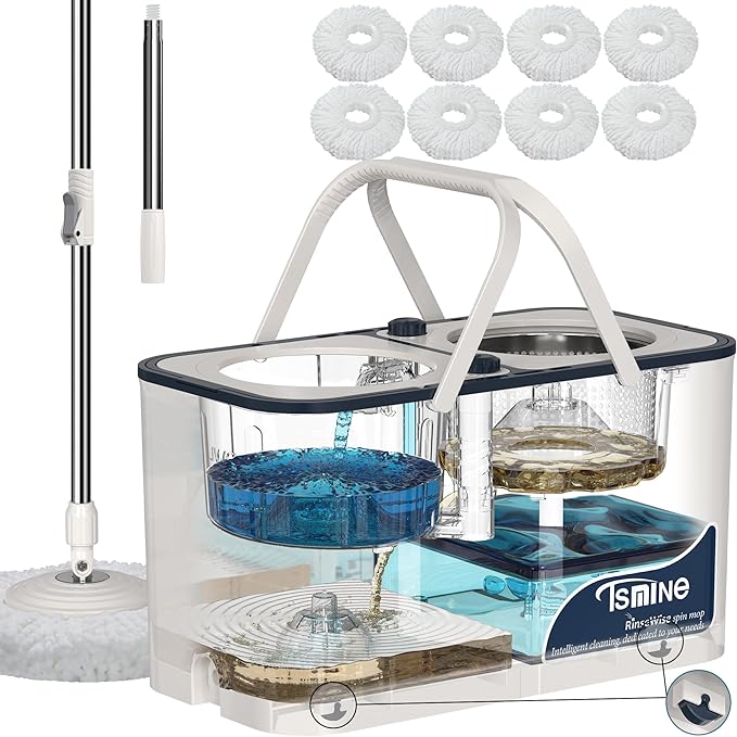 Spin Mop and Bucket System, Mop and Bucket Separate Clean and Dirty Water,4-Chamber Hardwood Floor Mop Household Cleaning Tools with 8 Microfiber Replacement Head Refill