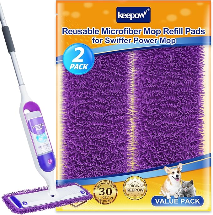 KEEPOW Reusable Power Mop Refill Pads Compatible with Swiffer PowerMop, Microfiber Power Mop Refills, Power Mop Pads for Hardwood Floor Cleaning, 2 Pack (Mop is Not Included)