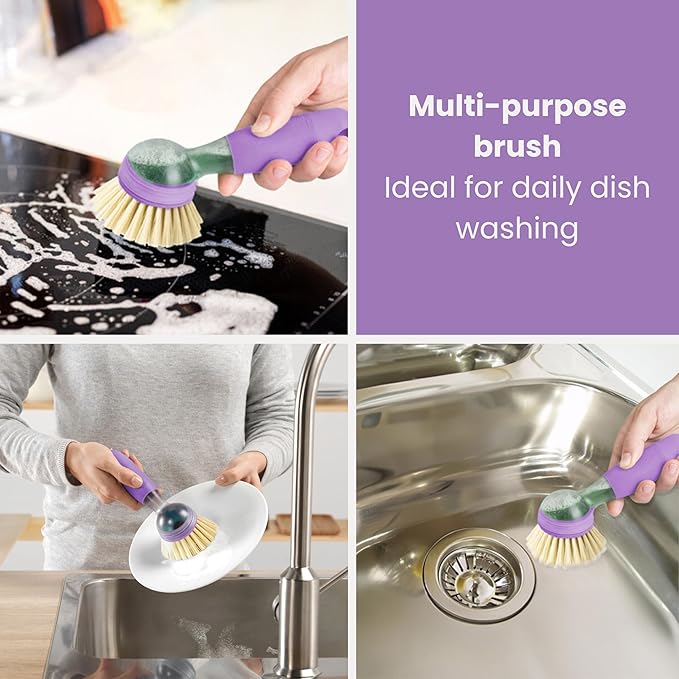 Vigar Rengo Soap Dispensing Dish Brush, Dish Brush with Soap Dispenser for Pot Scrubber, Dishes, Sink Cleaner, and Kitchen Essentials, Purple