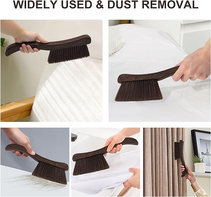 Hand Broom Dust Brush for Cleaning Dusting Soft Bristle Handheld Brushes for Car Interior Bed Bench Couch Counter Furniture Clothes Room Fireplace with Wood Handle