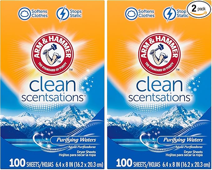ARM & HAMMER Fabric Softener Sheets, 100 sheets, Purifying Waters (Pack of 2)