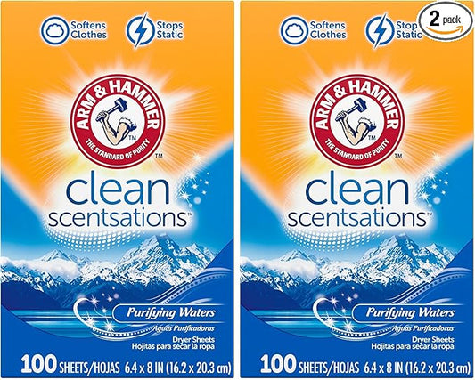 ARM & HAMMER Fabric Softener Sheets, 100 sheets, Purifying Waters (Pack of 2)